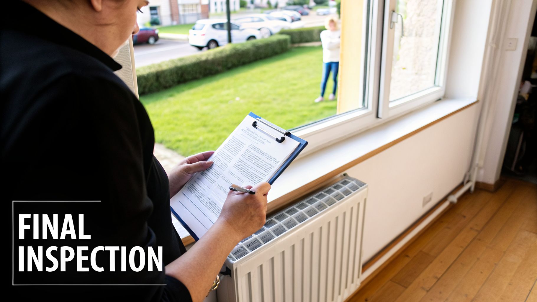 A person conducts a final inspection inside a room, writing on a clipboard by a window.