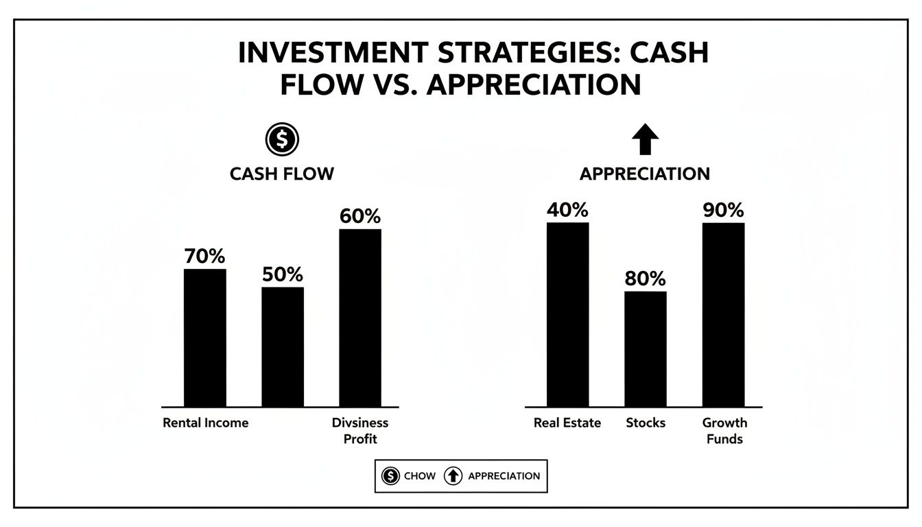 Bar chart comparing investment strategies: cash flow (rental income, business profit) vs. appreciation (real estate, stocks, growth funds).
