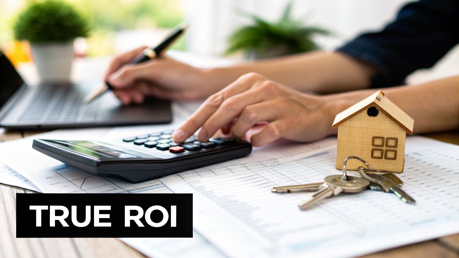 Person calculating finances for a house investment, using a calculator, laptop, and pen, with a small house model and keys.