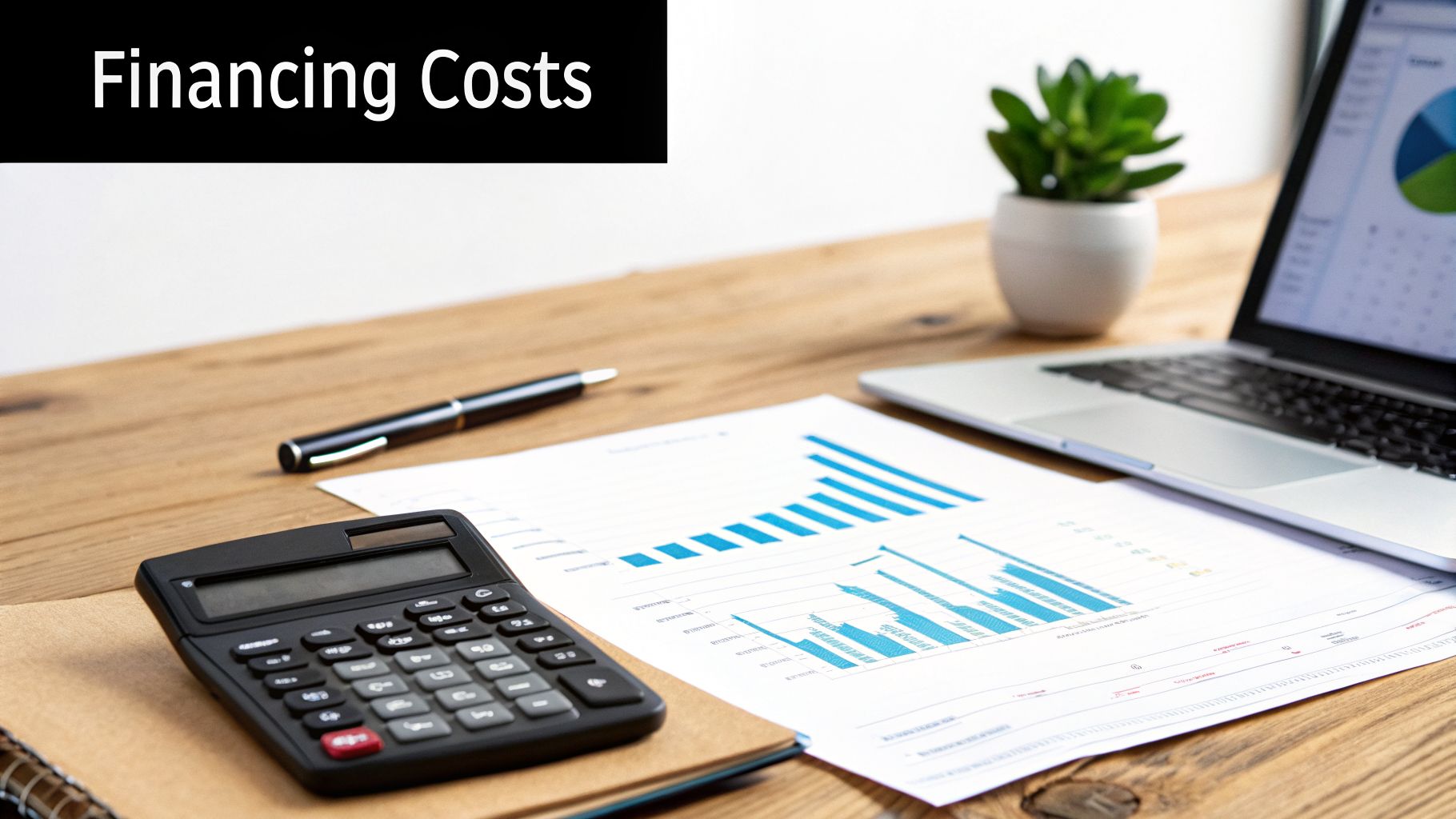 Desk with a calculator, financial documents, laptop displaying charts, and 'Financing Costs' text.