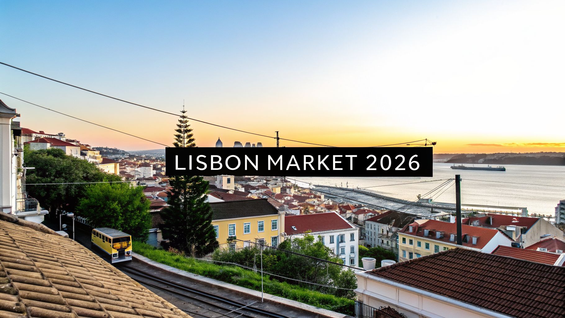 Panoramic view of Lisbon at sunset with a yellow tram, historic buildings, and the Tagus River.