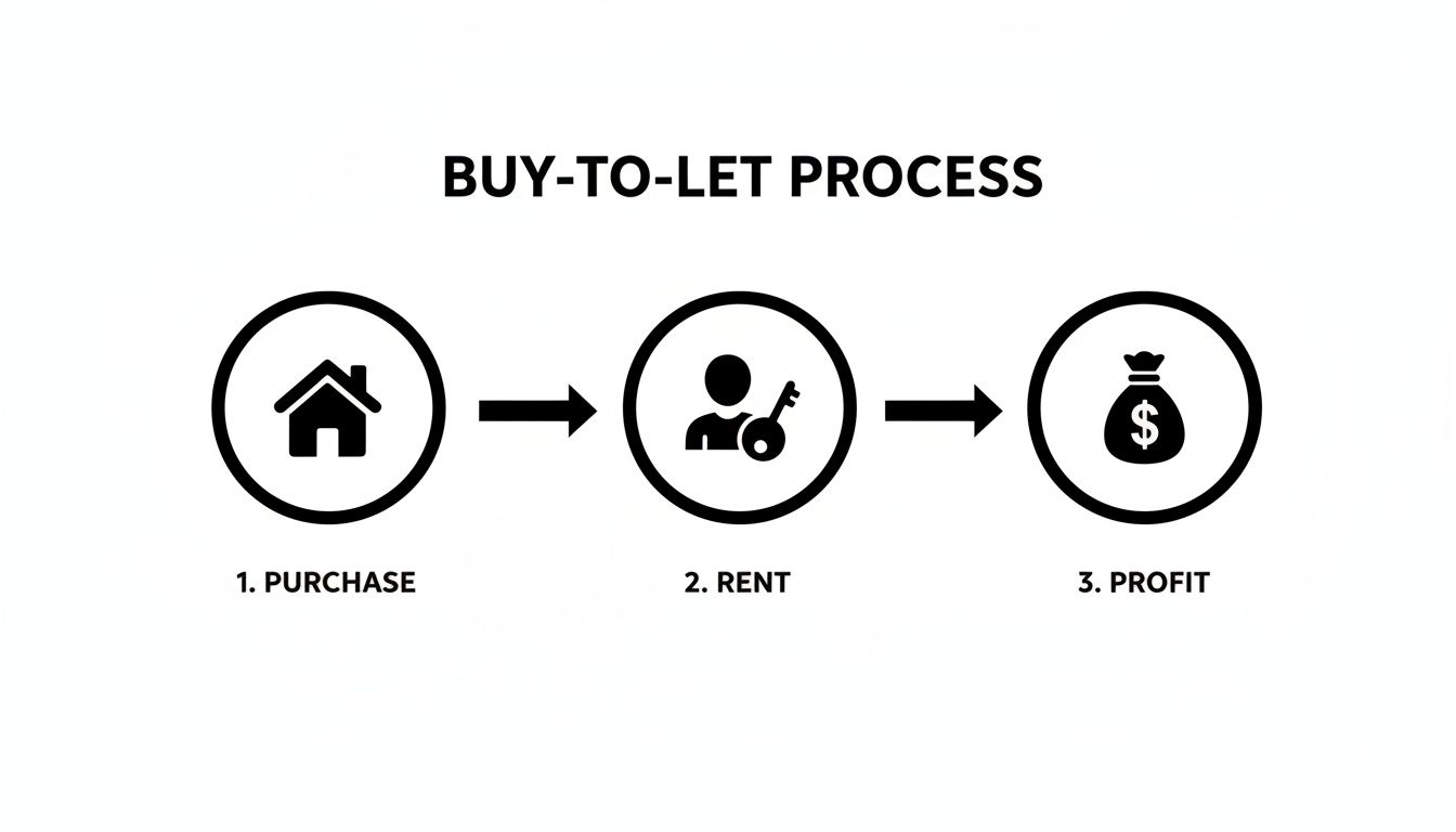 A clear diagram illustrating the buy-to-let process in three sequential steps: purchase, rent, and profit.