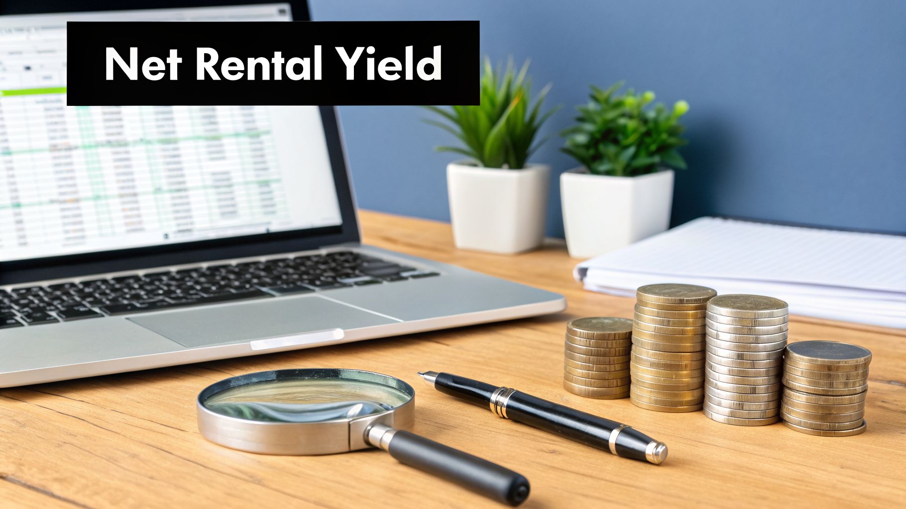 A desk with a laptop, financial spreadsheet, magnifying glass, pen, stacks of coins, and 'Net Rental Yield' text.