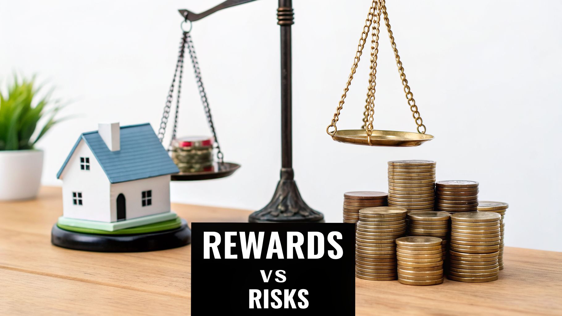 A balance scale with a miniature house and coins on one side, many coin stacks on the other, with text 'REWARDS VS RISKS'.