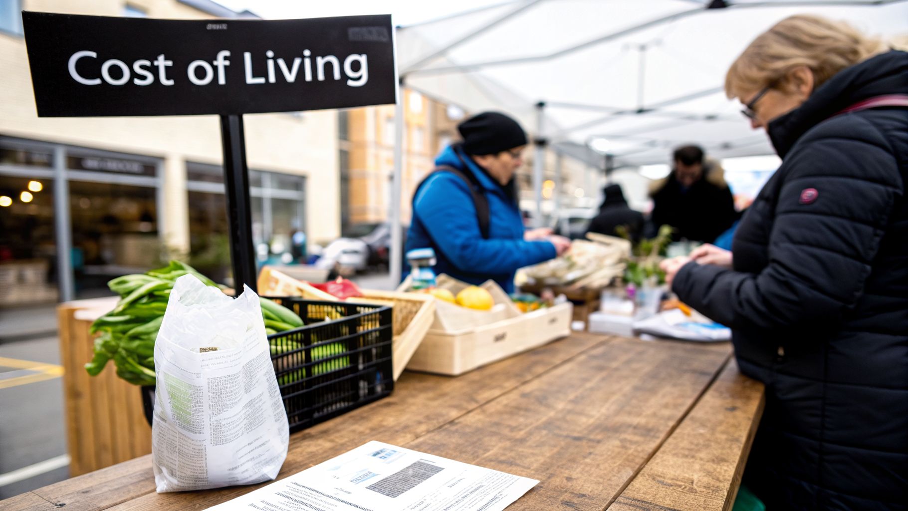People browse fresh produce at an outdoor food market with a prominent 'Cost of Living' sign.
