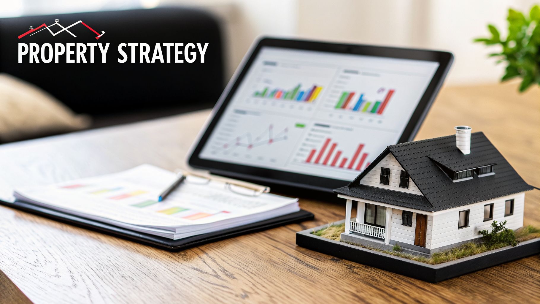 A miniature house model, a tablet displaying financial graphs, and documents on a wooden desk.