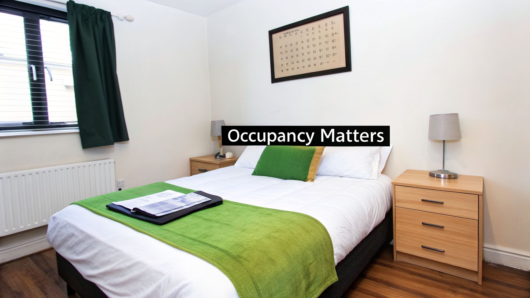 A neatly made bed with a green throw in a modern holiday let bedroom.