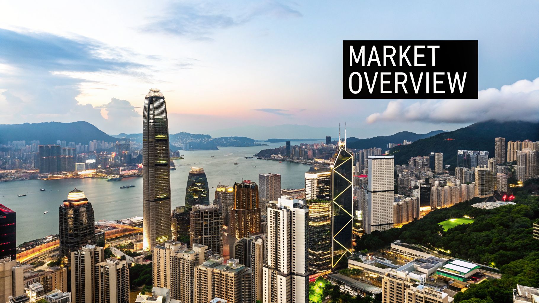 Aerial view of Hong Kong city at dusk with illuminated skyscrapers, harbor, mountains, and 'MARKET OVERVIEW' text.