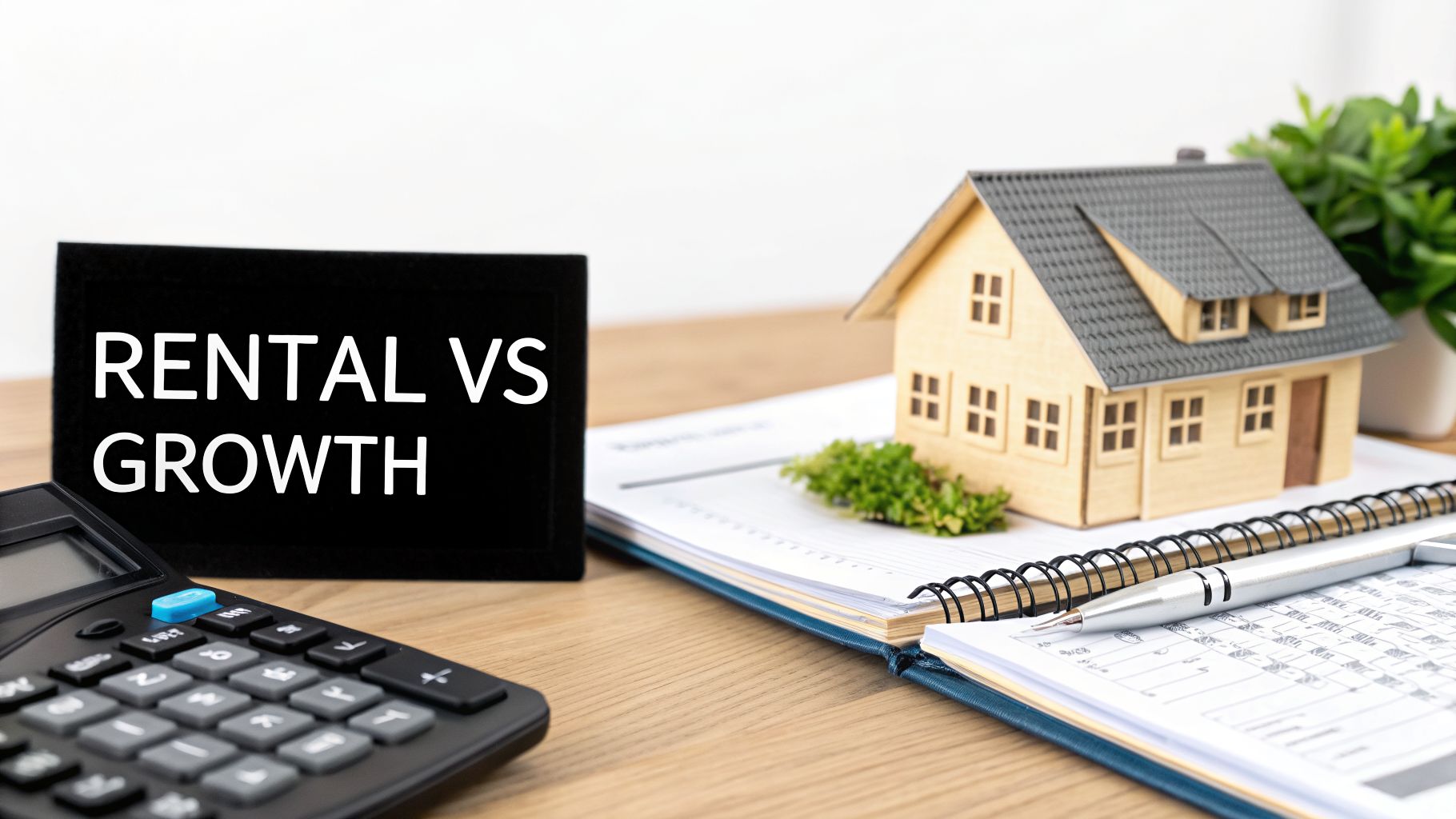 A calculator, a sign reading 'RENTAL VS GROWTH', a miniature house, and a notebook with a pen on a desk.
