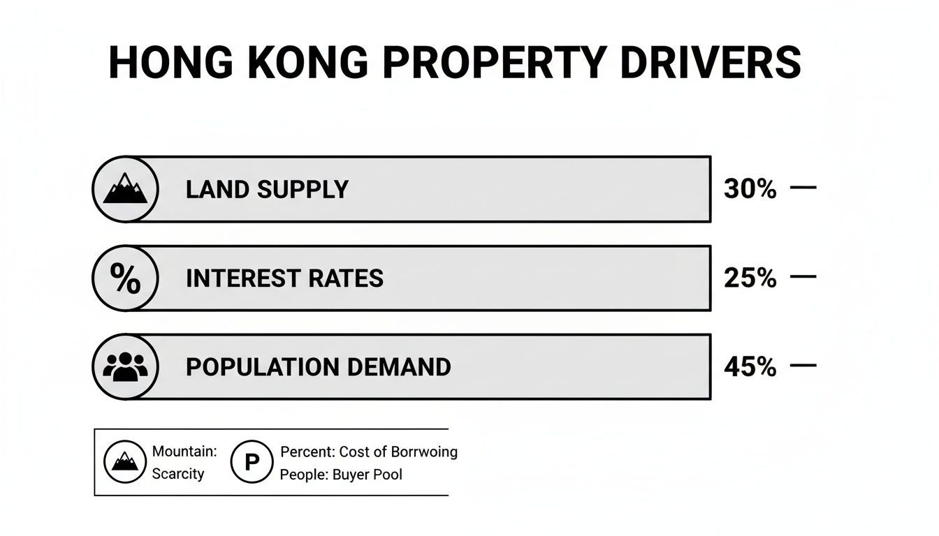 Infographic showing Hong Kong property drivers: Land Supply (30%), Interest Rates (25%), and Population Demand (45%).