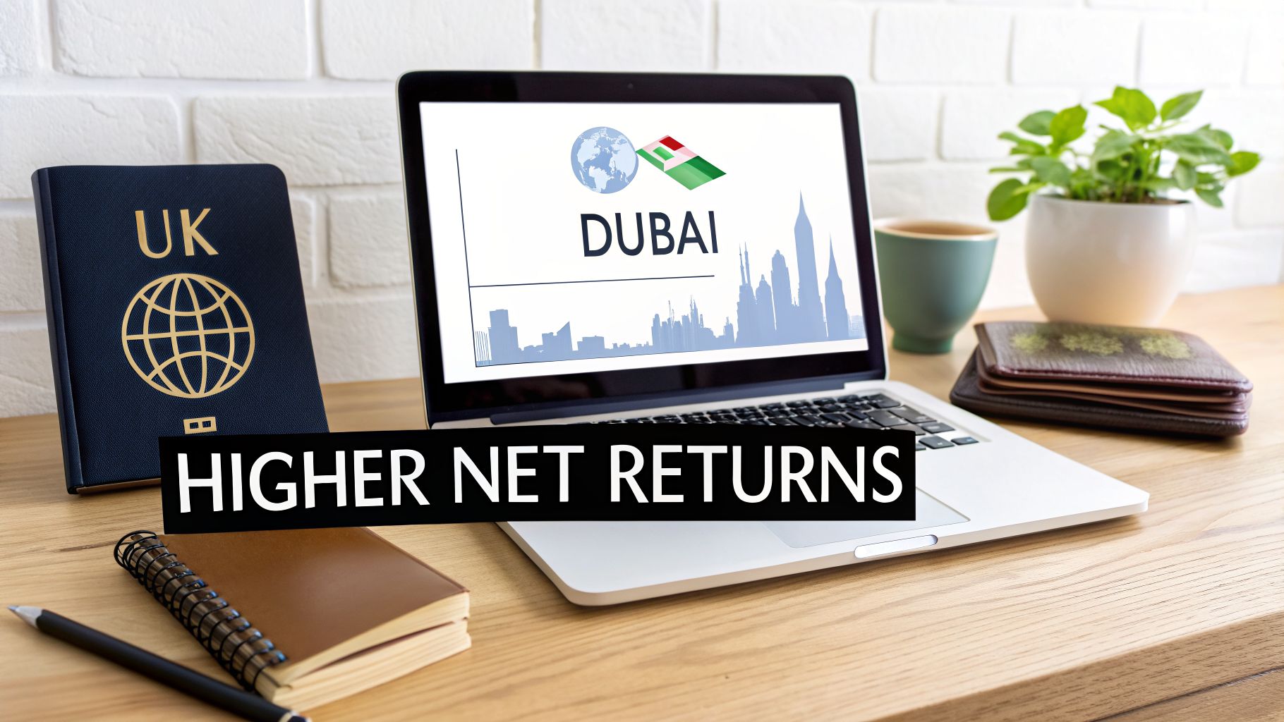 Laptop displaying Dubai real estate investment data with a UK passport, emphasizing higher net returns.