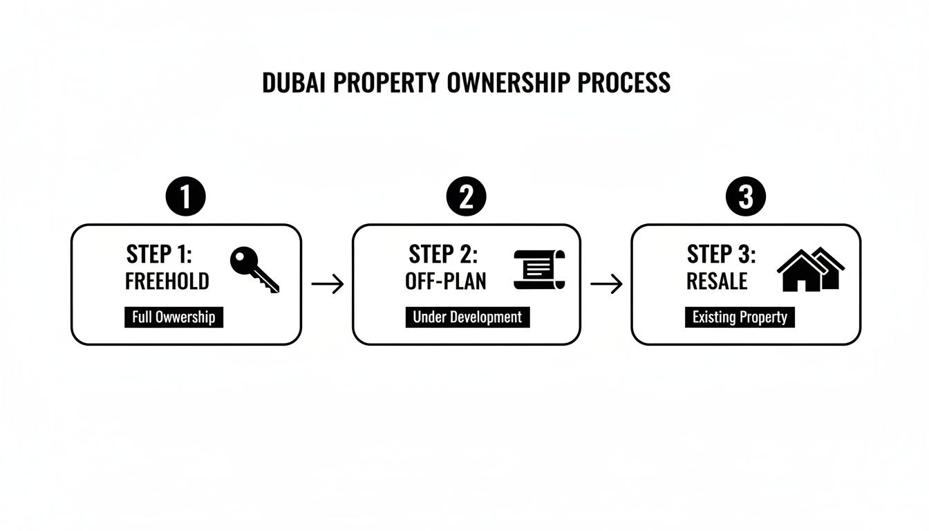 Flowchart illustrating the Dubai property ownership process with three steps: freehold, off-plan, and resale.