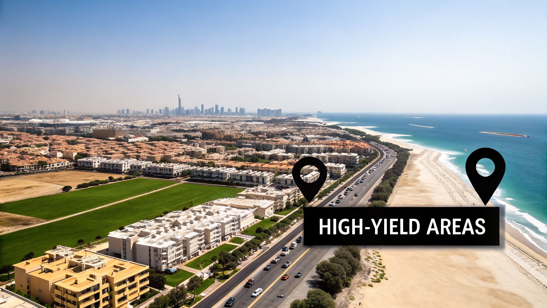 Aerial view of Dubai's coastline with residential areas, highway, beach, and ocean, highlighting high-yield investment areas.