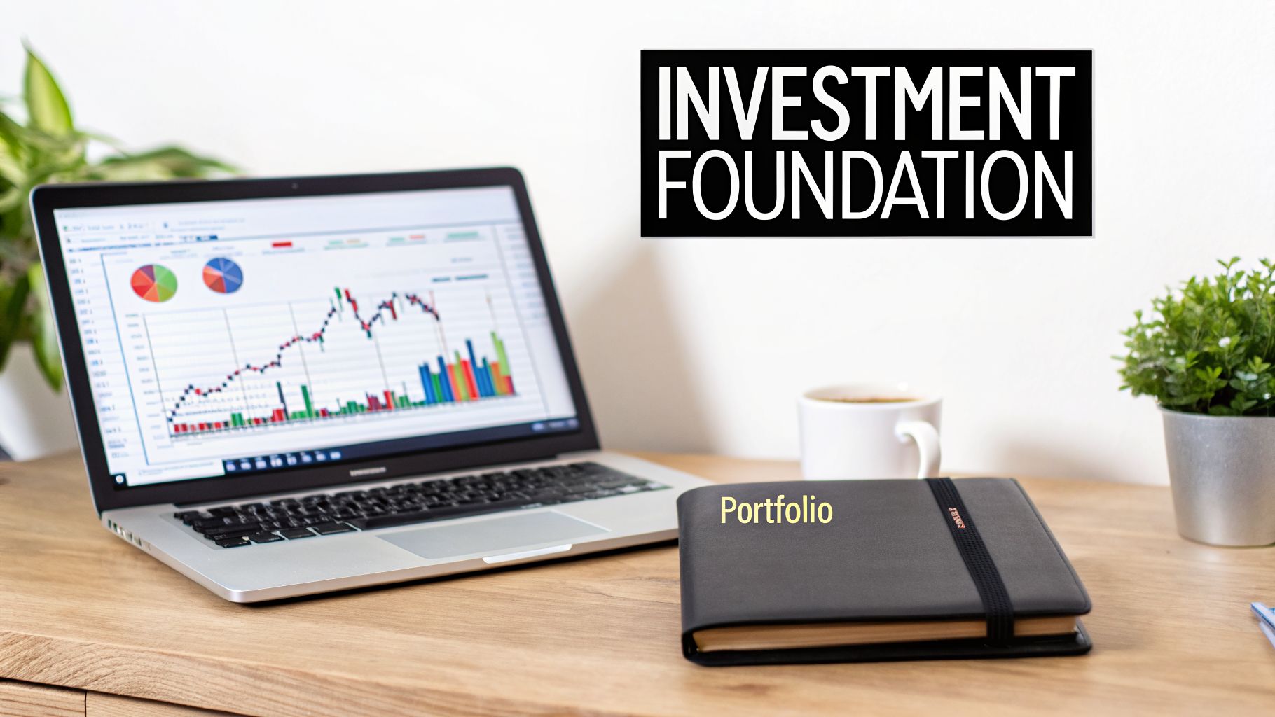 A desk with a laptop displaying investment charts, a 'Portfolio' notebook, and coffee, representing financial planning.