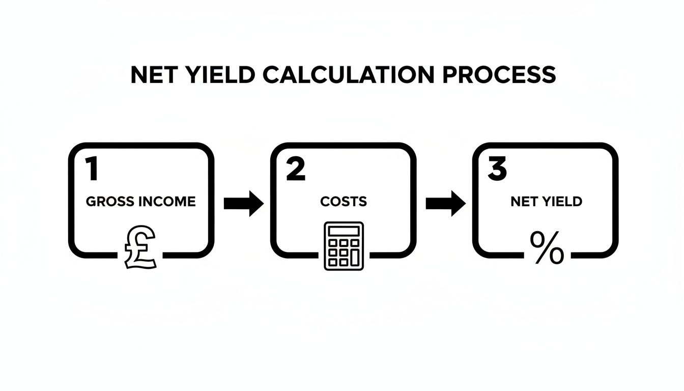 A diagram illustrates the net yield calculation process: Gross Income, Costs, and Net Yield percentage.