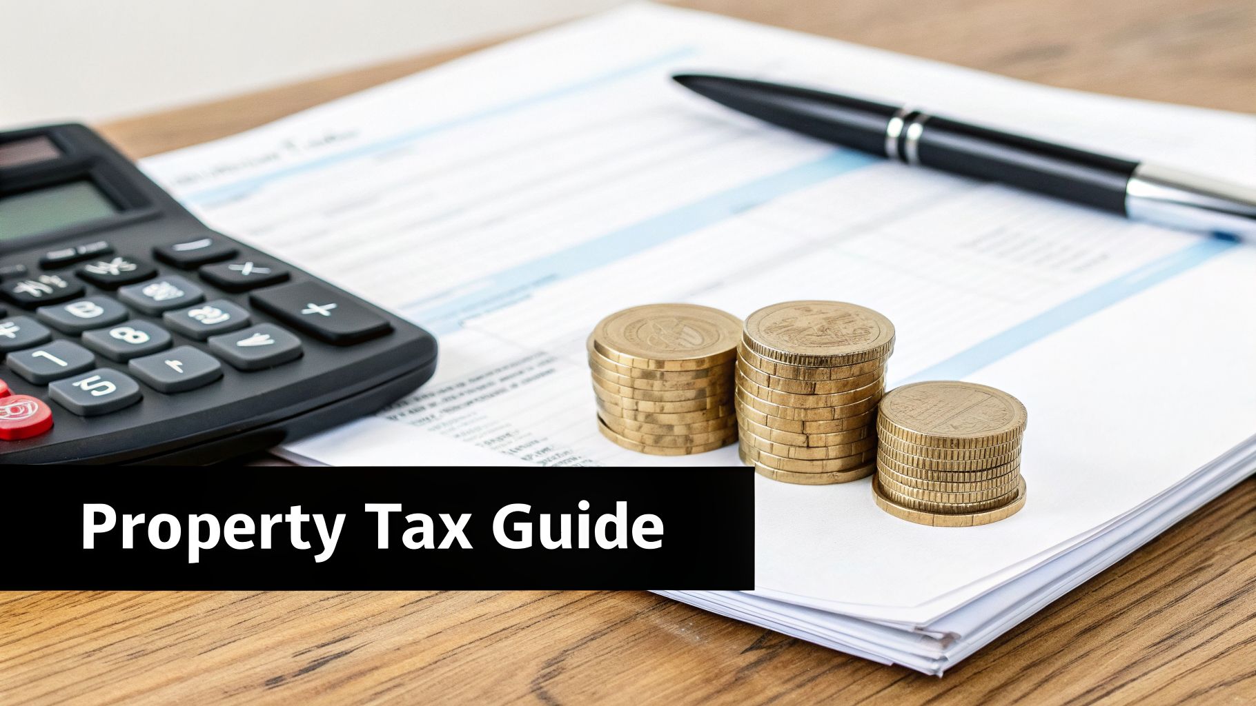 A calculator, stacks of coins, and a pen on financial documents on a wooden desk with 'Property Tax Guide' text.