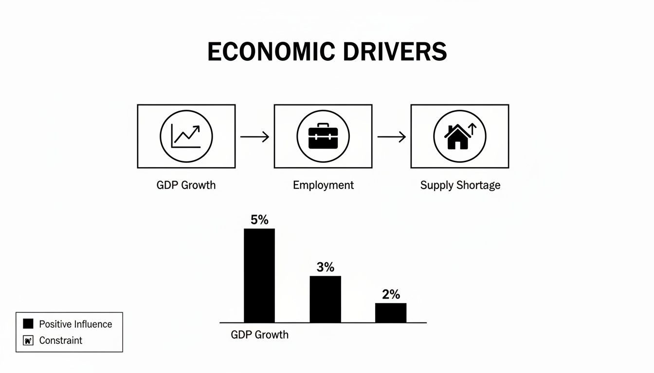 Diagram illustrating economic drivers: GDP growth, employment, and supply shortage, with associated percentages.