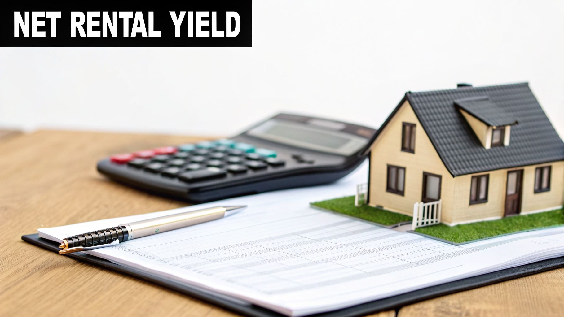 A miniature house model, calculator, and financial documents on a desk with 'NET RENTAL YIELD' text.