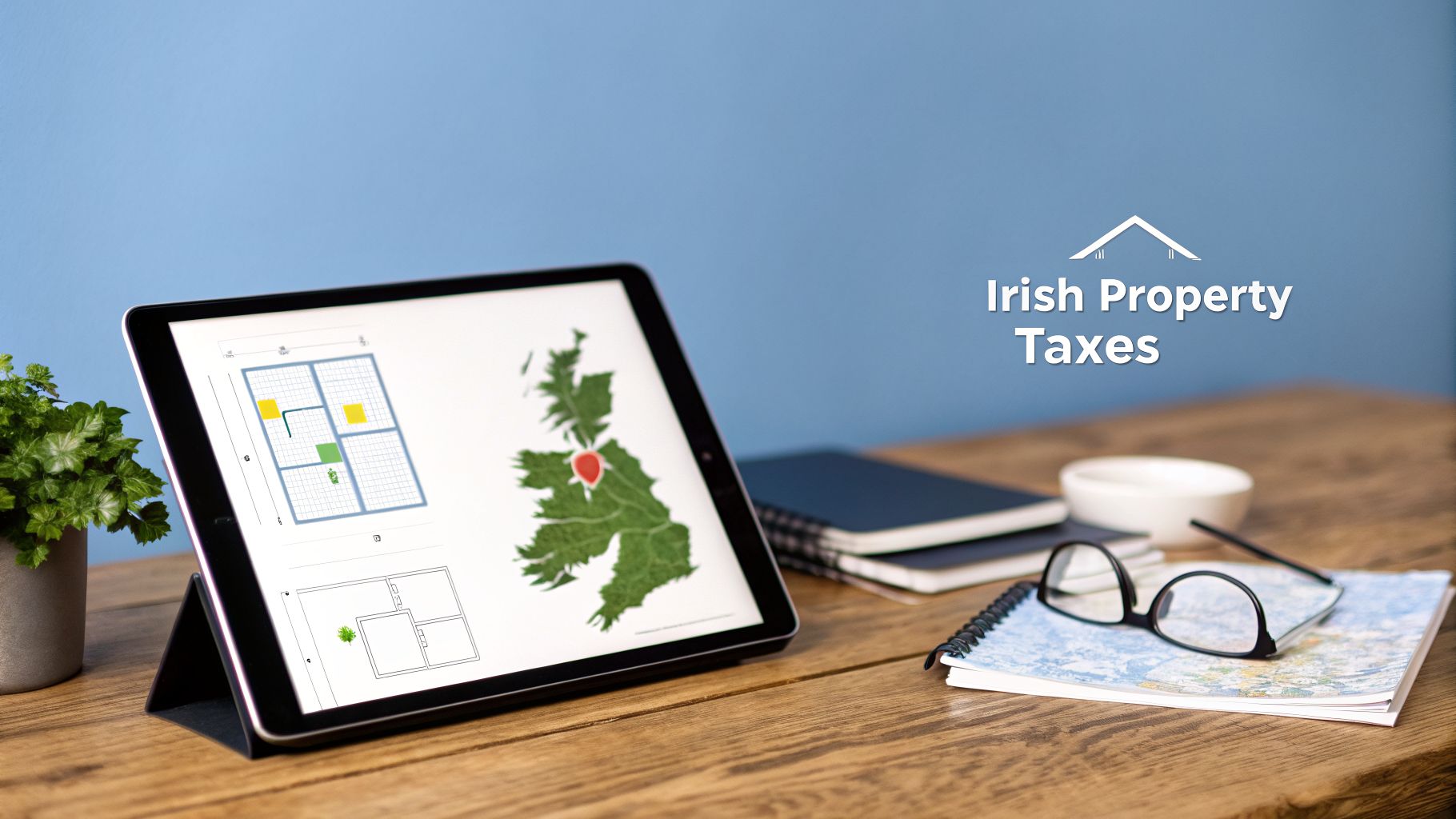 A tablet showing property layouts and a map of Ireland, alongside notebooks and glasses on a wooden desk with "Irish Property Taxes" overlay.