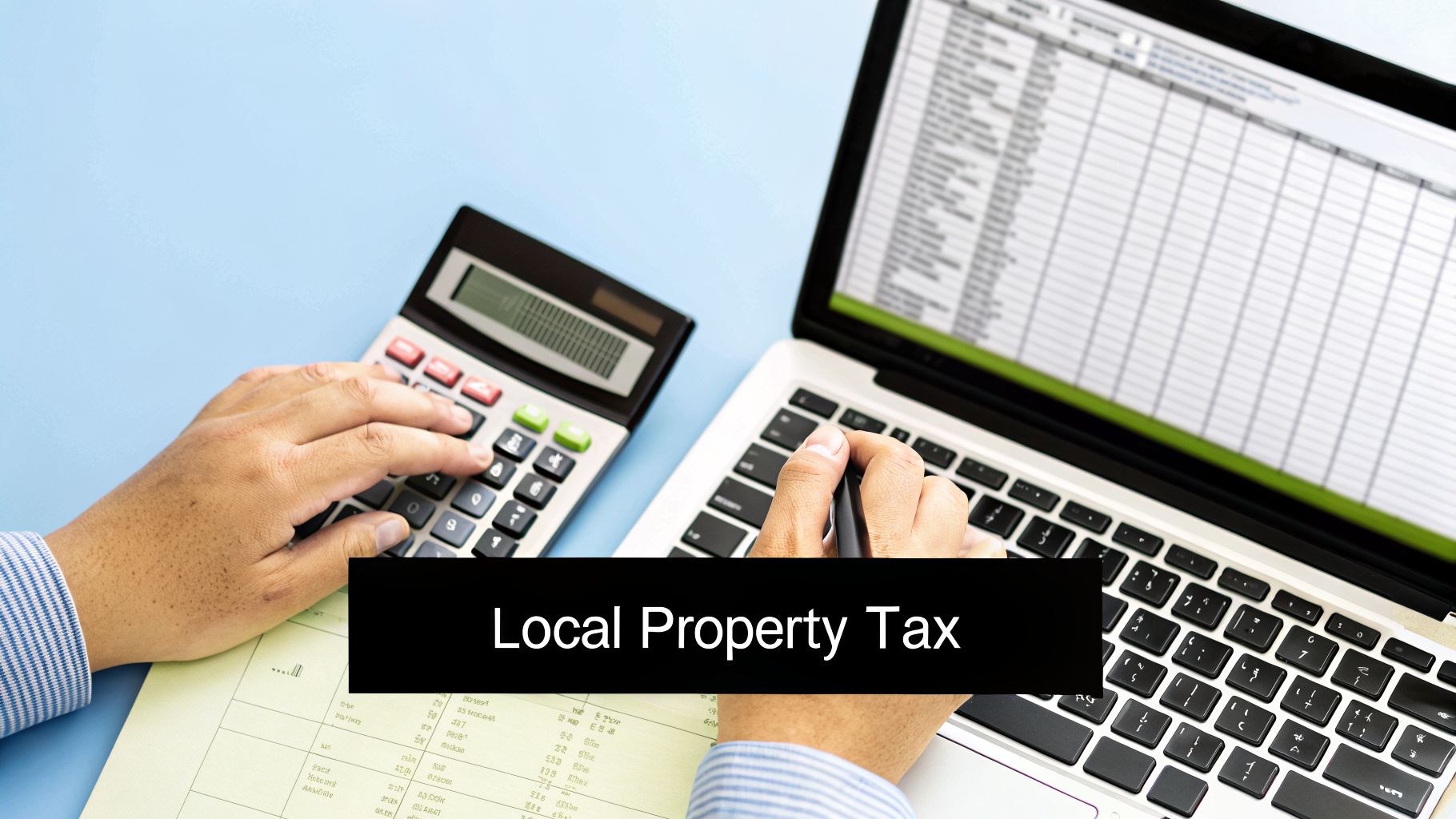 A person's hands using a calculator and laptop with a spreadsheet for property tax calculations.
