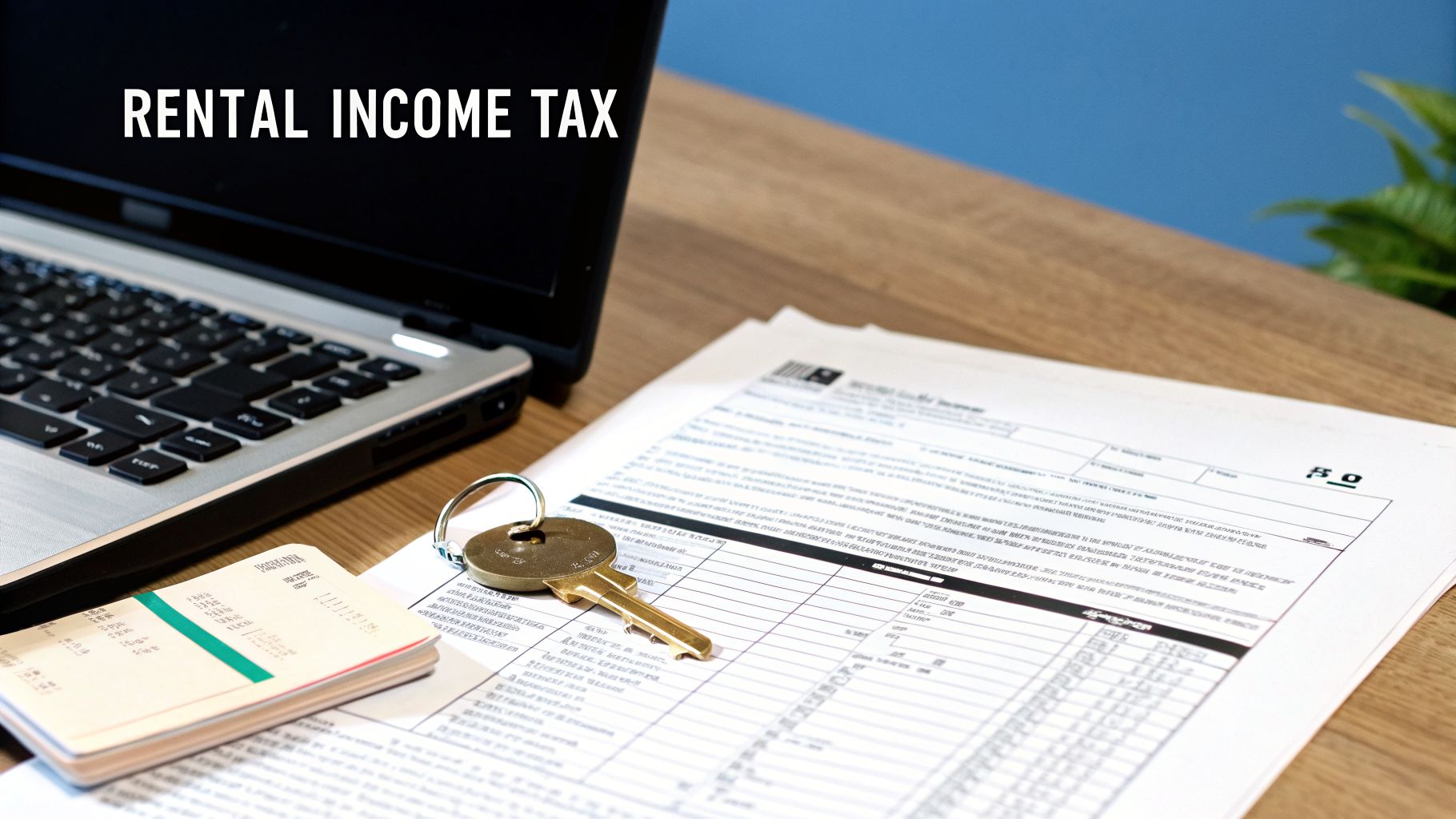 A laptop displaying 'RENTAL INCOME TAX' with tax forms, a house key, and documents on a desk.