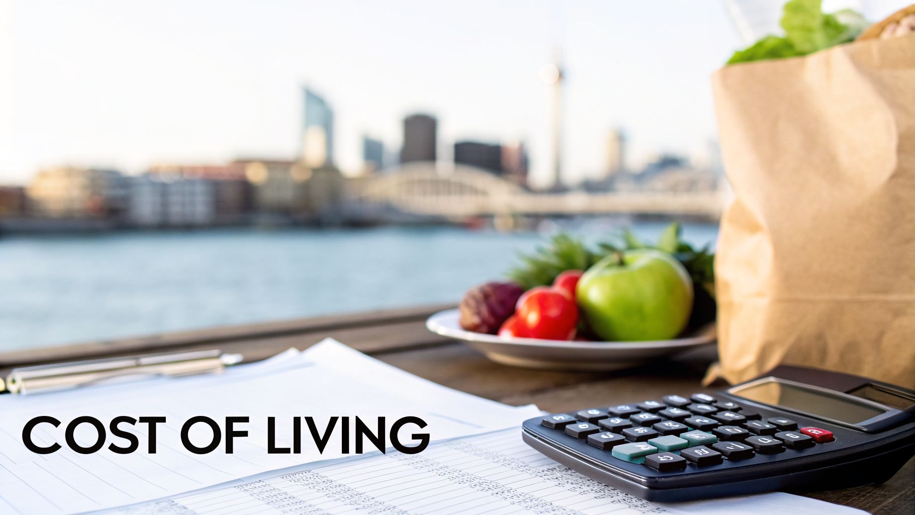 Calculator, fresh groceries, and documents with 'Cost of Living' text, set against a city skyline.