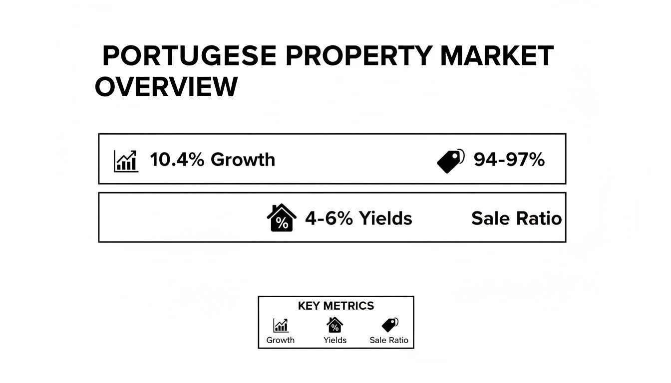 An overview of the Portuguese property market, highlighting 10.4% growth, 4-6% yields, and a 94-97% sale ratio.