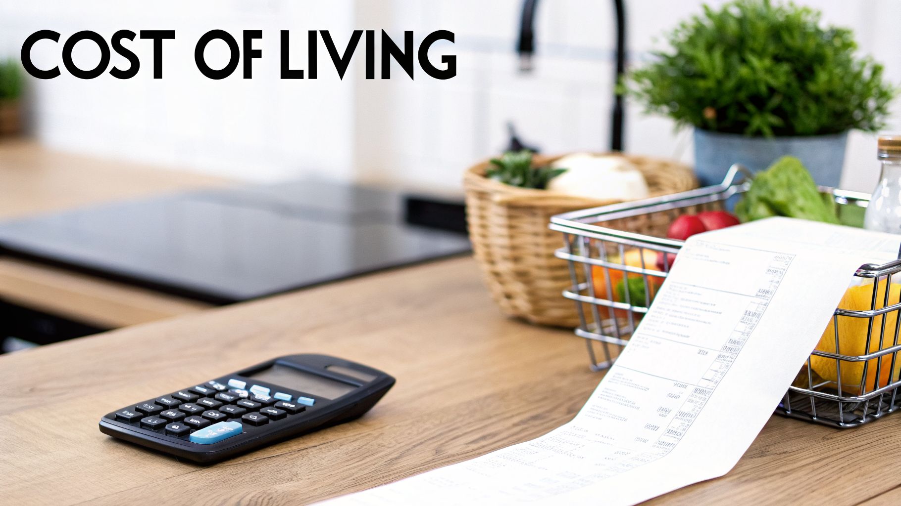 A calculator and a long grocery receipt on a kitchen counter with fresh produce, illustrating the cost of living.