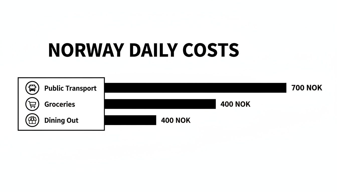 Bar chart illustrating Norway daily costs: Public Transport 700 NOK, Groceries 400 NOK, Dining Out 400 NOK.