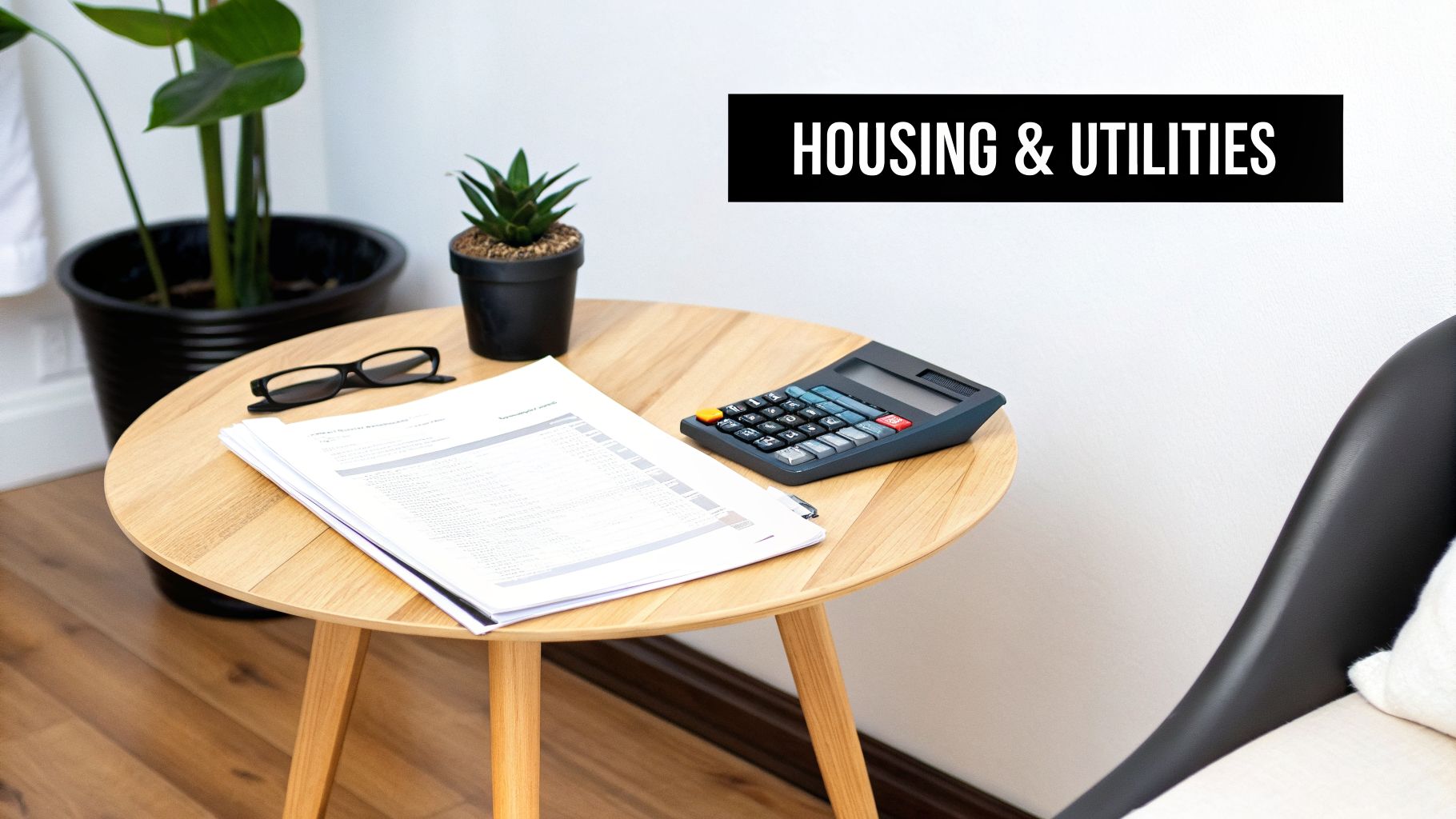 A wooden side table with papers, a calculator, glasses, and plants, with 'HOUSING & UTILITIES' text overlay.