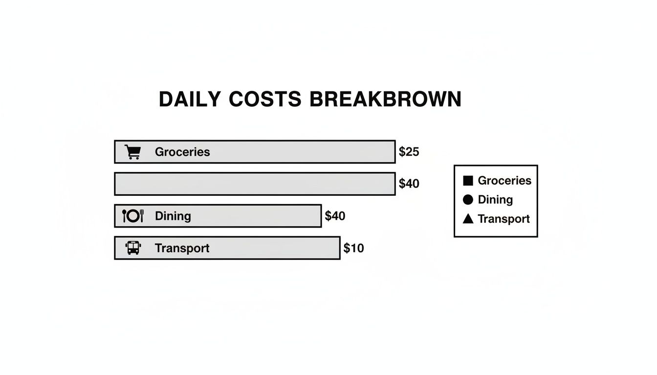 A bar chart displaying daily costs breakdown for groceries ($25), dining ($40), and transport ($10).