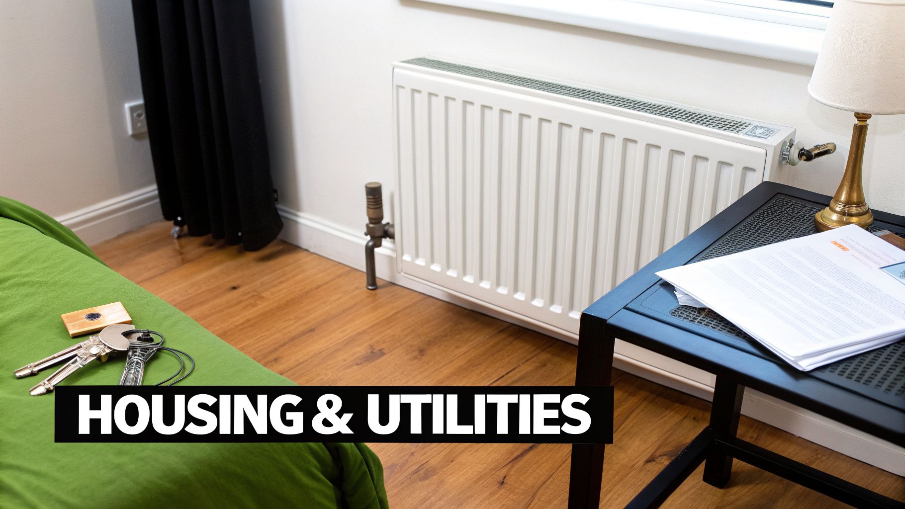 A room with a green bed, keys, a white radiator, and a black table with a lamp, symbolizing housing and utilities.