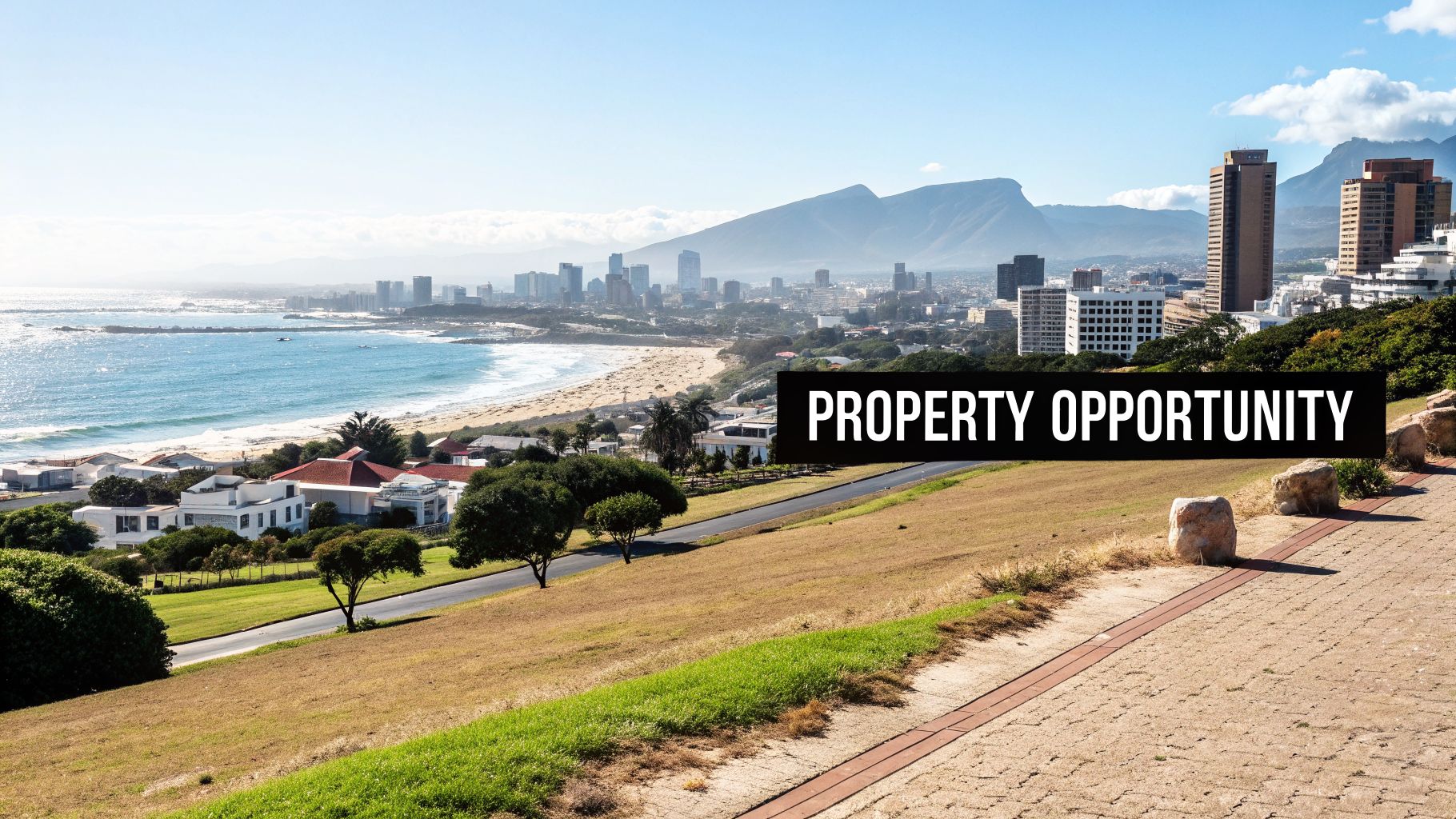 Panoramic view of a vibrant coastal city skyline with a beach, sea, mountains, and 'PROPERTY OPPORTUNITY' text.