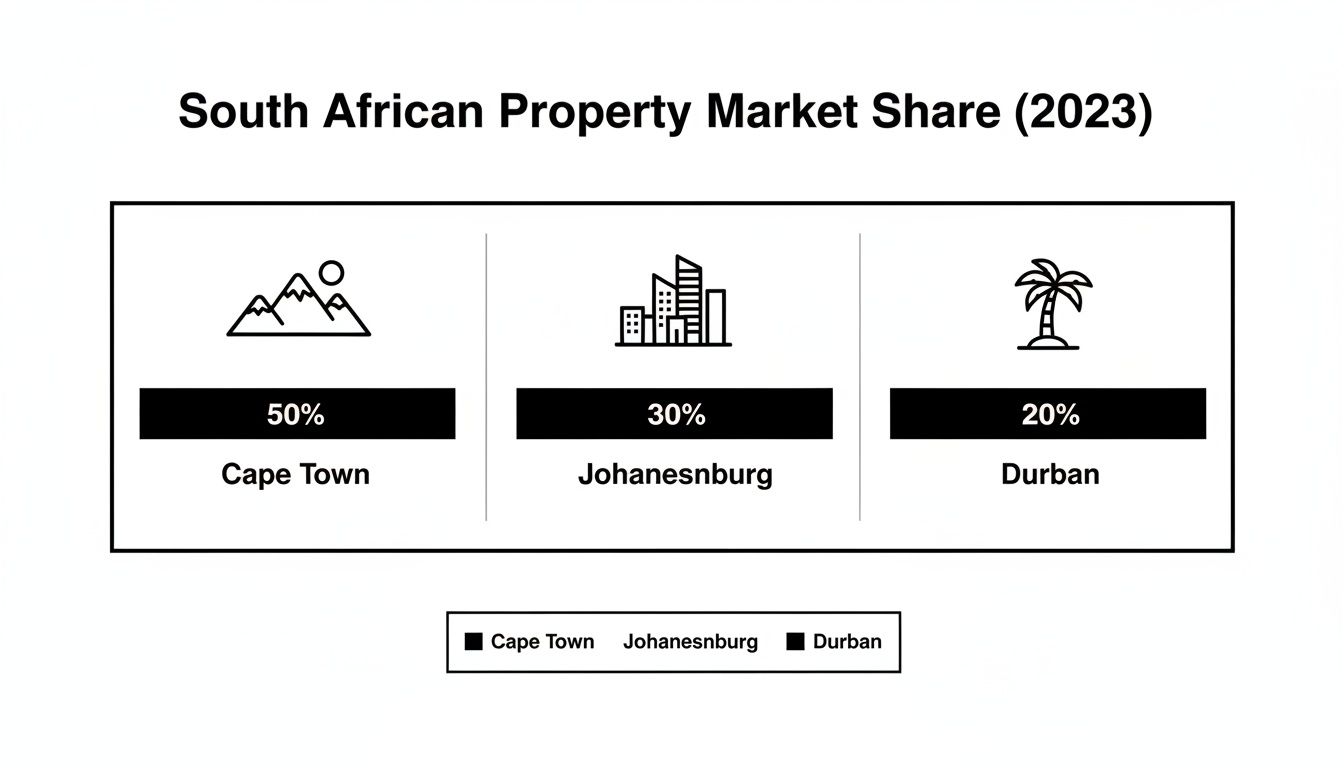 Infographic displaying South African property market share in 2023 for Cape Town, Johannesburg, and Durban.
