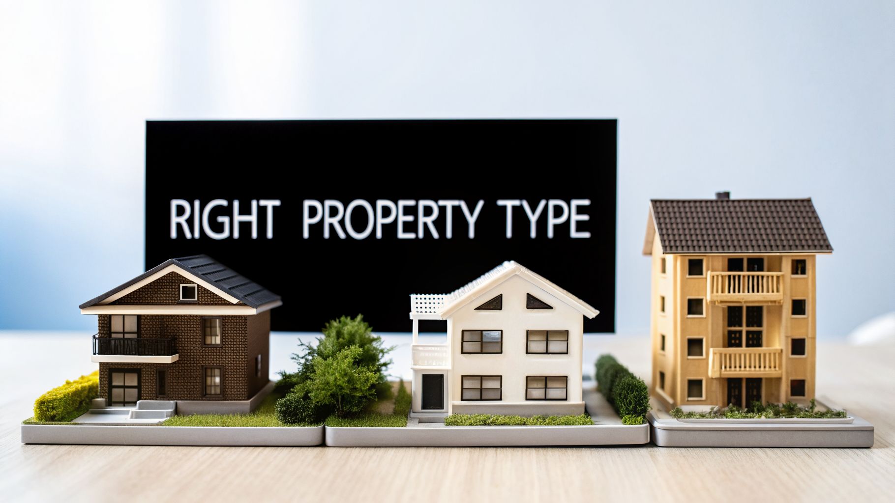 Three miniature house models and an apartment building in front of a sign saying 'RIGHT PROPERTY TYPE'.