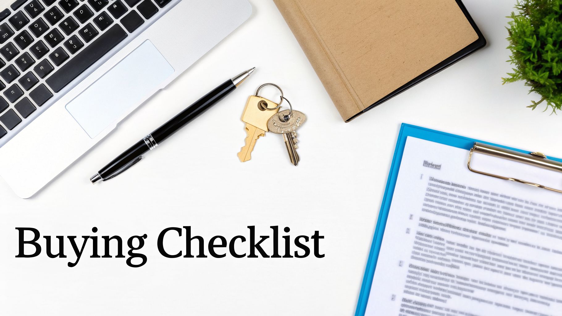 A top-down view of a desk with a laptop, pen, keys, checklist, and documents, suggesting property buying.