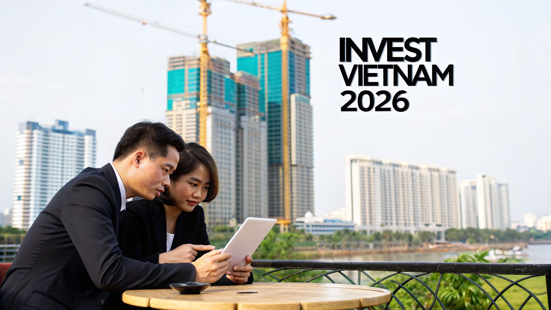 Two business professionals viewing a tablet, with a dynamic Vietnam city skyline and construction, promoting 'Invest Vietnam 2026'.