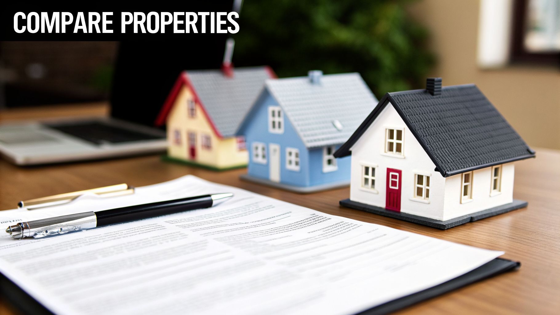 Miniature houses, a pen, and a document on a desk, symbolizing property comparison and real estate.
