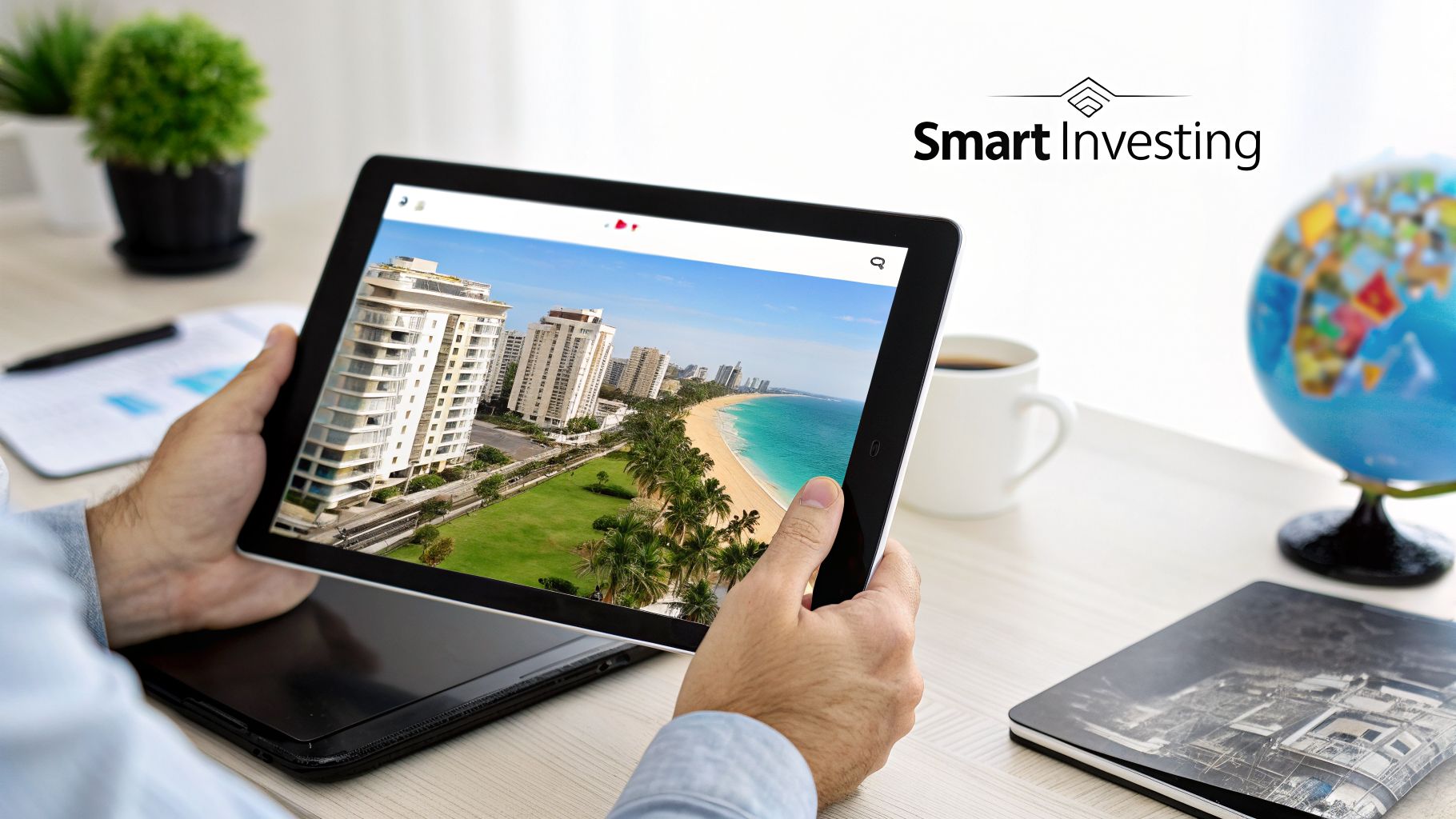 Hands holding a tablet displaying a vibrant beach resort, symbolizing property investment research.