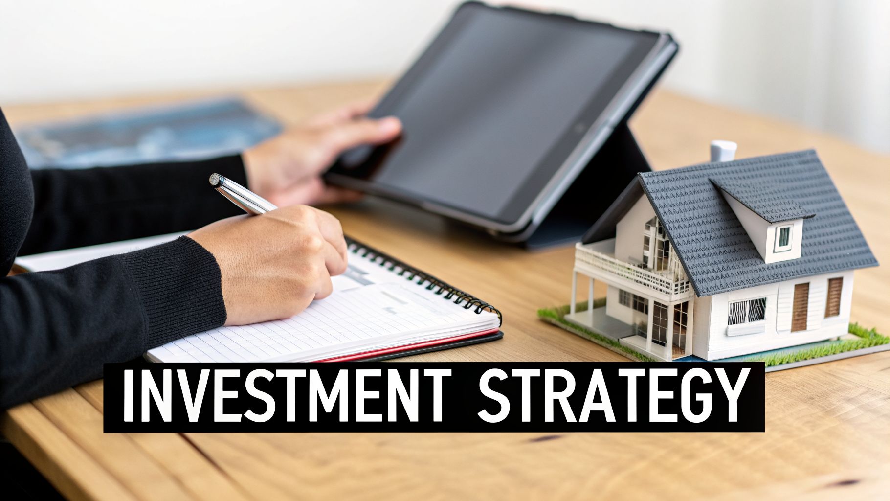 A person writing notes and holding a tablet, with a model house nearby, representing real estate investment planning.