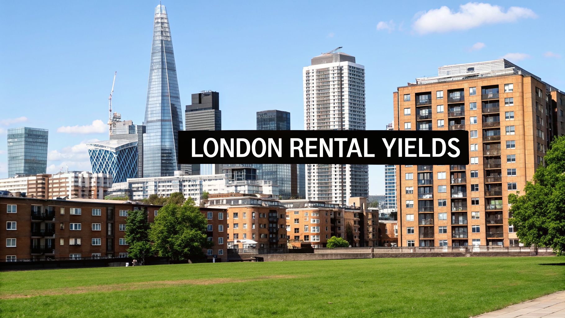 Panoramic view of London skyline, residential buildings, green park, and 'LONDON RENTAL YIELDS' text.