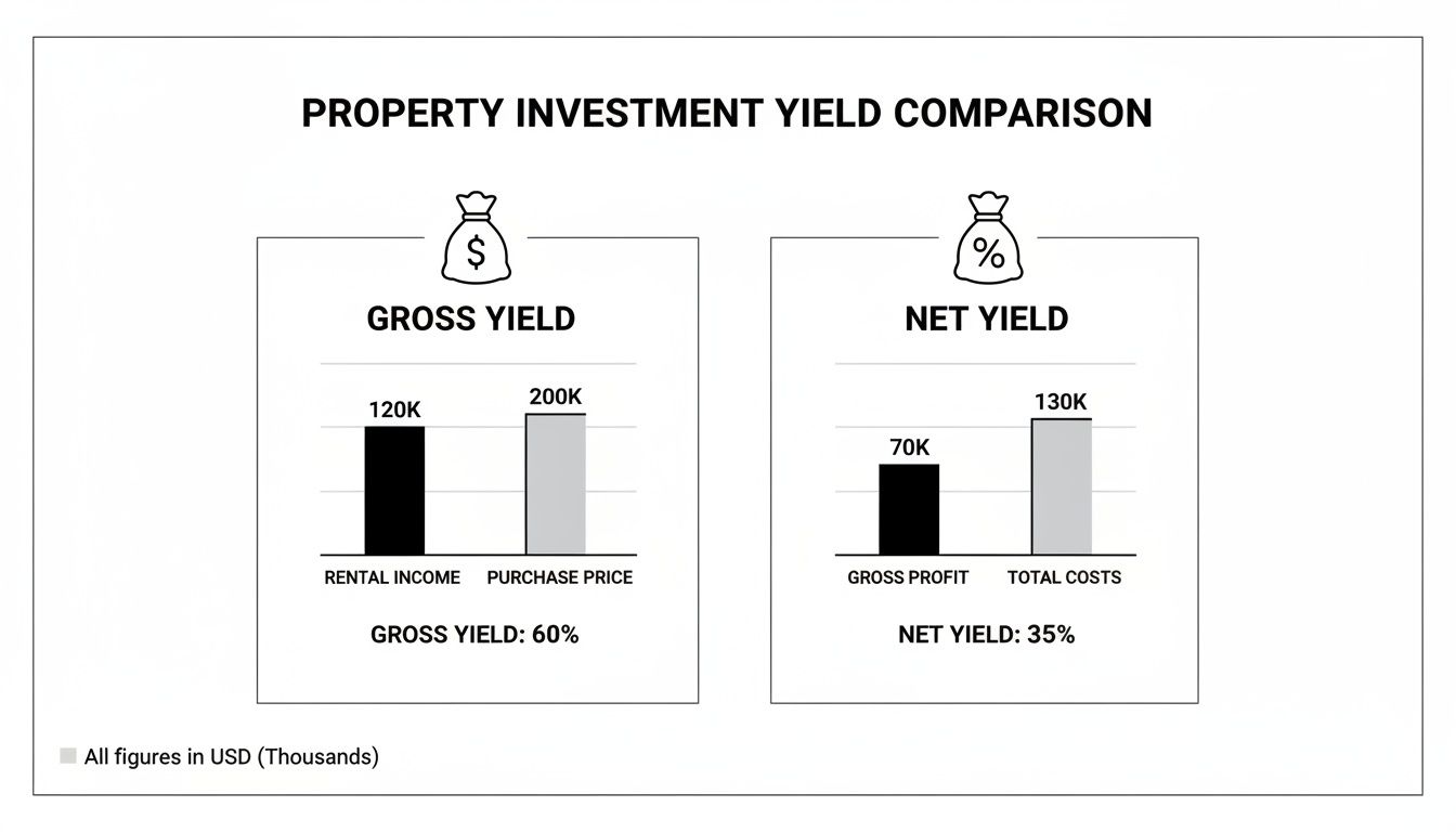Bar charts comparing gross and net property investment yields, showing rental income, purchase price, profit, and costs.