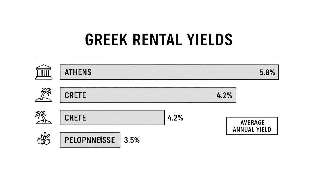 Bar chart illustrating Greek rental yields for Athens, Crete, and Peloponnese, showing percentage returns.