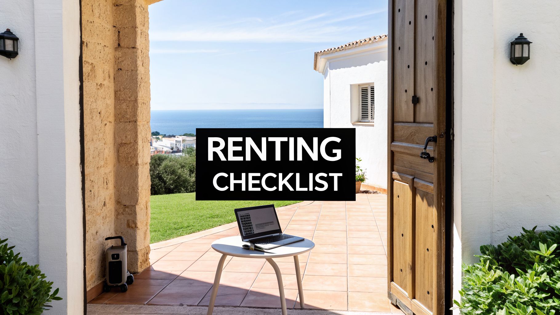 A house entrance opens to a patio with a laptop and a garden, overlooking the sea with a 'RENTING CHECKLIST' overlay.