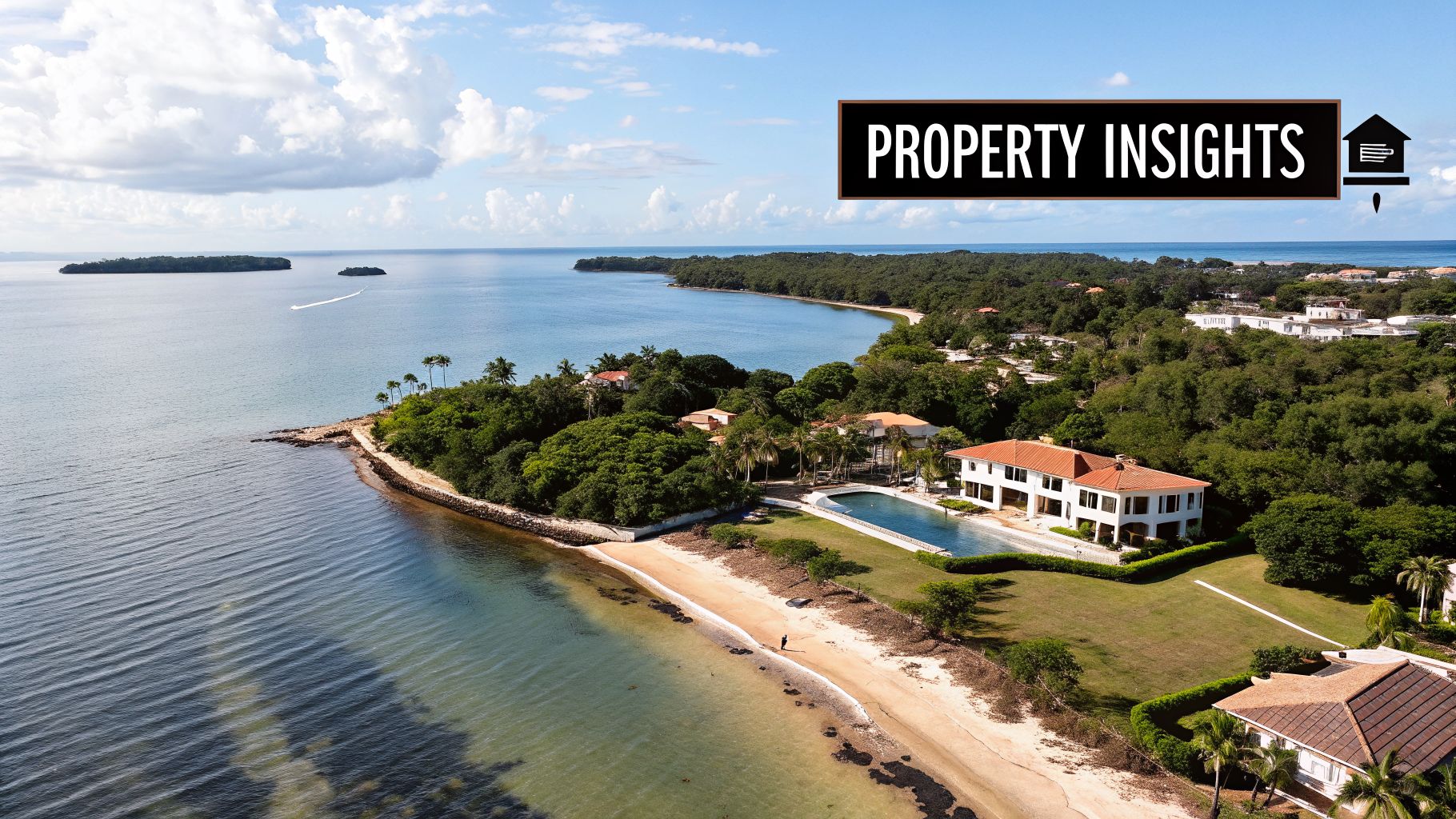 Aerial view of a stunning coastal property with a mansion, pool, and private beach.