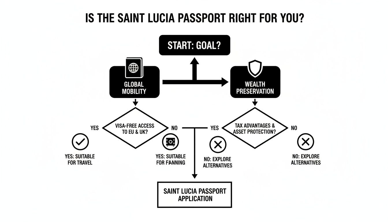 Flowchart guiding decisions for Saint Lucia passport application based on global mobility and wealth preservation.