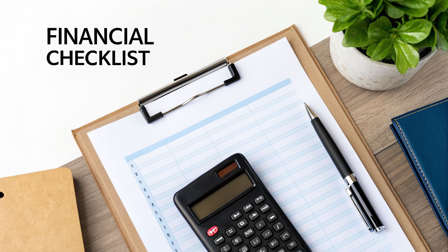 Overhead view of a desk with a 'FINANCIAL CHECKLIST' title, clipboard, calculator, pen, and plant.