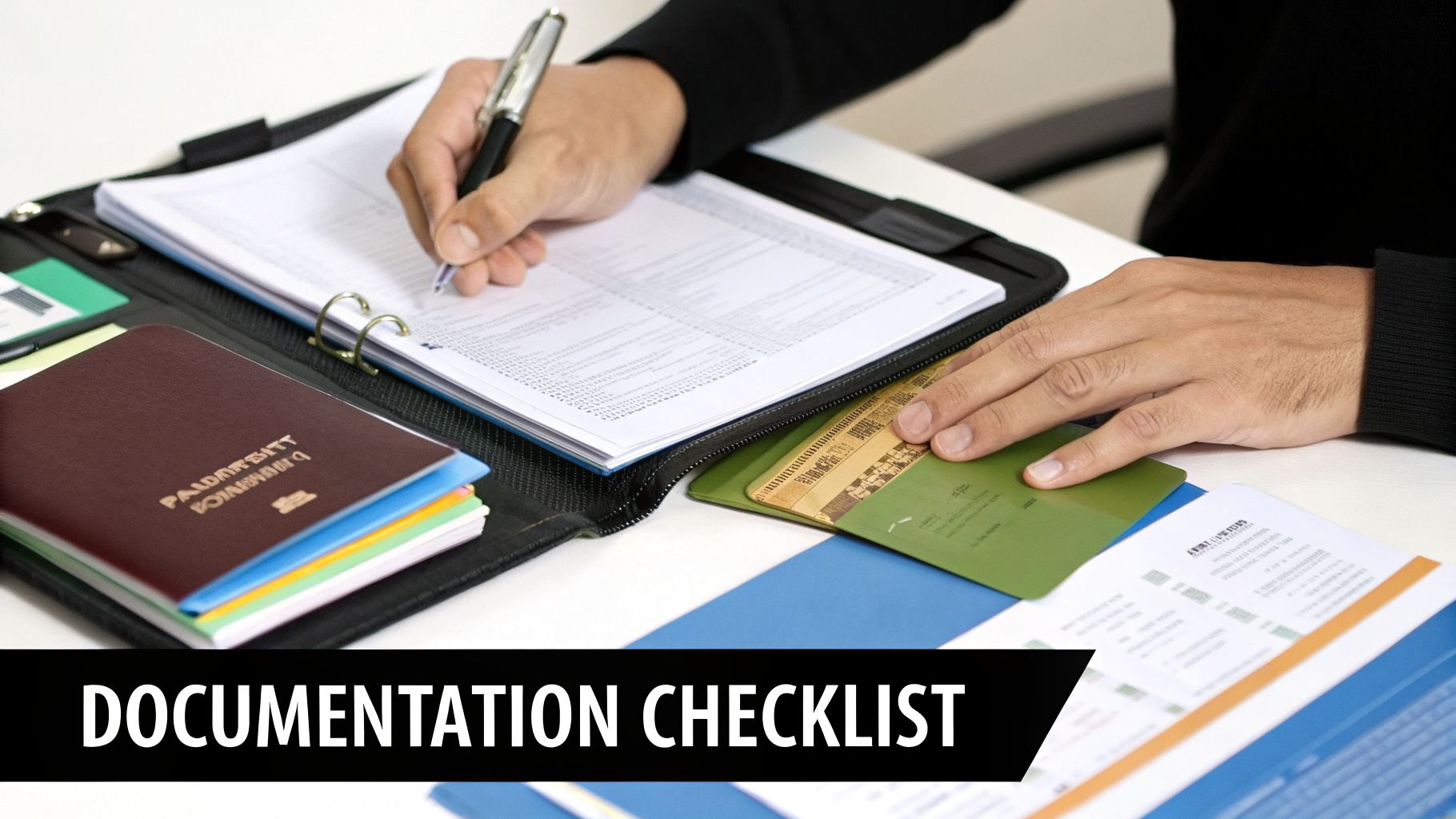 Hands filling out a document checklist with a pen, next to a passport and credit cards.
