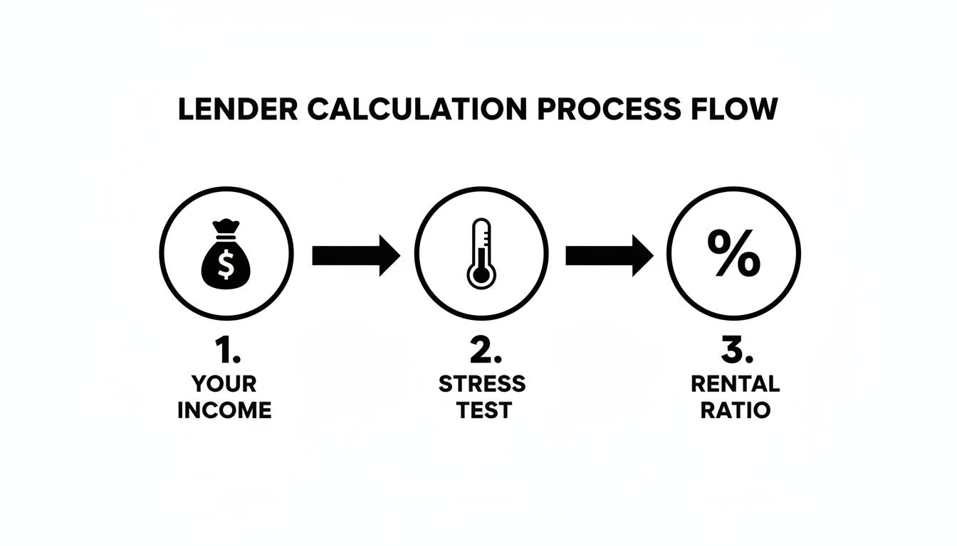 A flowchart detailing the lender calculation process, showing steps: Your Income, Stress Test, and Rental Ratio with corresponding icons.