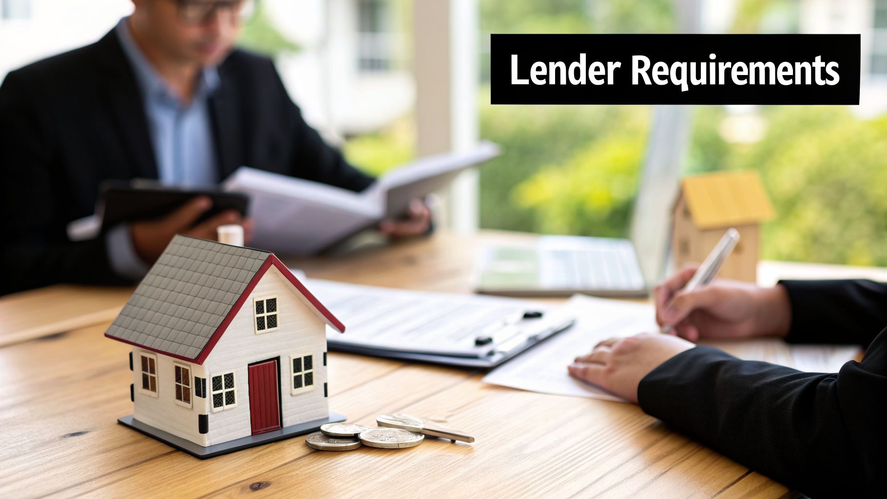 Professionals reviewing mortgage documents with house models and coins, discussing lender requirements.